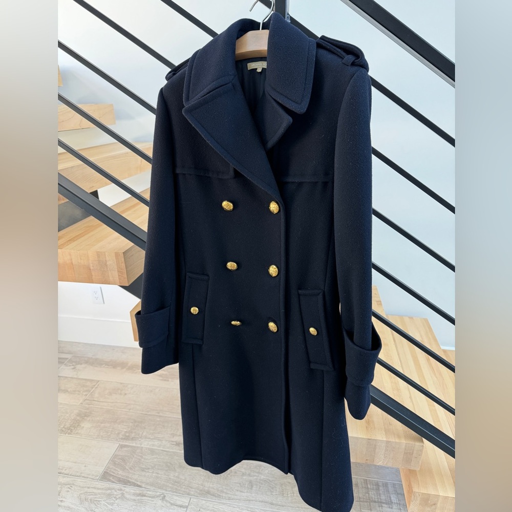 Michael Kors Collection Classic Navy Blue Military Pea Coat w Gold Buttons